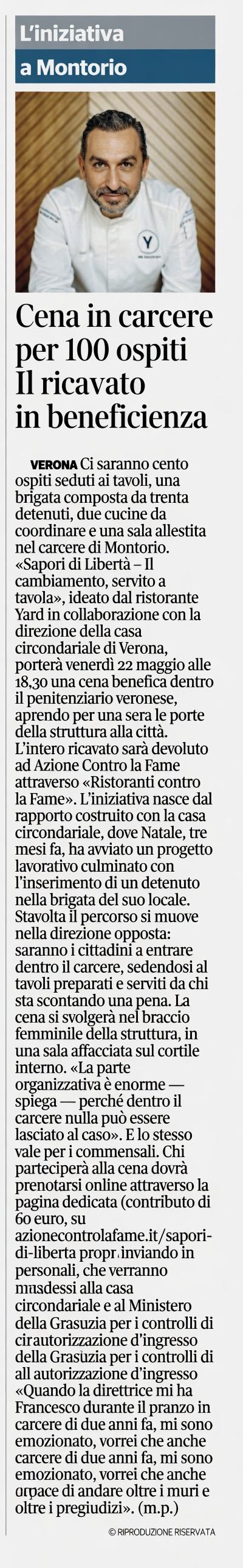 Corriere della Sera — Cena in carcere per 100 ospiti — Il ricavato in beneficienza